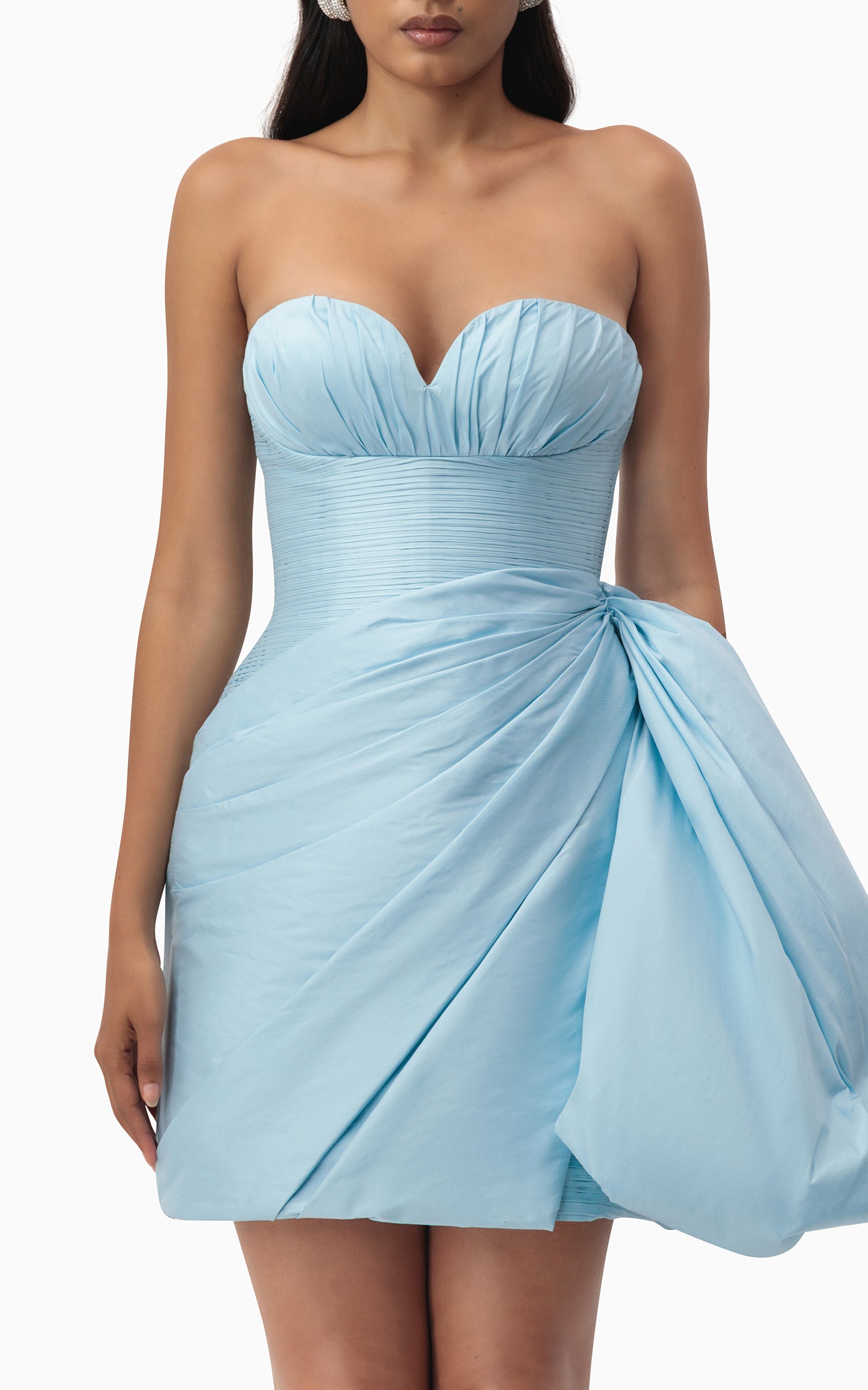 Sky Blue Draped pleated  Taffeta Dress close up 